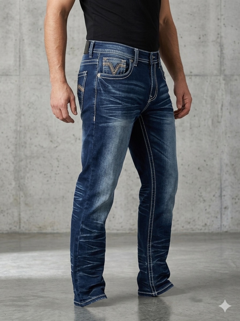 Men's Bootcut Washed Denim Jeans in Dark Blue